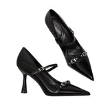 Naipa Black Temperament Word With Fine Heel High Heels Female Niche Design Metal Buckle Tip Light Mouth Single Shoe Woman HZ0115