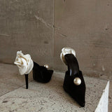 French New Sharp-Headed Silk And Satin Pearl High Heels Female Fine Heel Banquet White Rose Bao Head After The Empty Sandals HZ0115