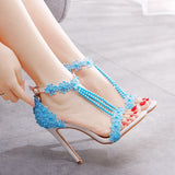 Sandals White Buckle Shoes Fine Heel Fish Mouth Roman Exposed Toe Sandals 11 Cm Beaded High-Heeled Sandals HZ0115