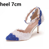 9 Cm Tling Blue And White Lace Flower Banquet Stage Sandals Fine Heel Sandals Women's Ball Cheongsam Pointed Sandals HZ0115