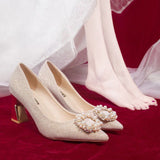 Small Scent Single Shoes Women's Coarse Heel 2025 New Spring And Autumn Wedding Shoes Bridal Shoes Tip High Heels Design Sense Niche HZ0115