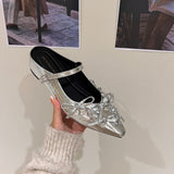 Internal Height 3CM French Bow Bag Head Half Slippers Women's Shoes Wear 2025 Spring And Summer Silver Water Drill Single Shoes HZ0115