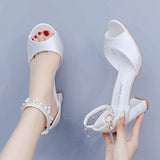 7 Cm Fish Mouth High Heel Sandals Shallow Large-Size Round-Headed Beaded Thaigou High Heels Bridal Wedding Silk Satin Sandals HZ0115