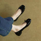 2025 Vintage Bow Patent Leather Bean Shoes Women Flat Summer Autumn Single Shoes Coarse Heel Wine Red HZ0115