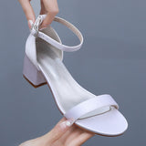 5 Cm Square Heel Sandals Shallow Mouth With Buckle Sandals Ivory White Silk Satin Cloth Bride White Sandals Woman HZ0115