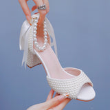 7 Cm Pearl Fish Mouth Coarse Sandals Shallow Buckle With Large-Size Beads Drifting Sandals Bride Beaded Wedding Shoes Woman HZ0115