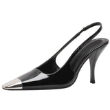 Rose Park Coloring British Sexy Patent Leather High Heels Square Metal Head Fine Heel Single Shoes Black Bag Head Sandals Woman HZ0115