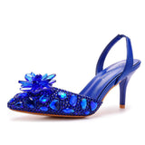 7 Cm Silver Light-Mouthed Pointed Sandals Water Drill Glass Fine Heel Sandals Large Wedding Shoes Bride Wedding Women's Shoes HZ0115