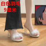 Fairy Hairy Slippers Women Wear 2025 New Net Red Coarse And One-Word Drag Crystal High-Slip Slippers HZ0115