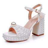 9 Cm Thick Heel Fish Mouth Waterproof Table Sandals Round Head Square Thick Heel Sandals White Pearl Wedding Shoes HZ0115