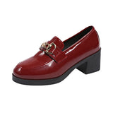 Wine Red Bright-Faced Small Leather Shoes Women 2025 Early Spring New High-Heeled Round Head Thick Heel Large Size Set Women's Shoes HZ0115