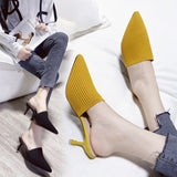 Knitted Half-Slippers High Heel Head Women's Summer New Fashion Half-Shoe Single Shoes Fashion Fine Heel Cool Slippers HZ0115