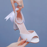 7 Cm Pearl Fish Mouth Coarse Sandals Shallow Buckle With Large-Size Beads Drifting Sandals Bride Beaded Wedding Shoes Woman HZ0115