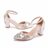 7 Cm Coarse Heel Pointed Shoes Hollow Shoes Square Sandals Water Drill Wedding Shoes Female White Wedding Shoes Diamond HZ0115