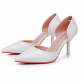7 Cm White Fine-Heeled Pointed Sandals Hollow Two-Siped Sandals Large-Size Pointed Wedding Shoes Women's Banquet Shoes HZ0115