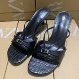 ZA Home 2025 New Crocodile  Characteribal Cold Slippers Black Fine High And Casual Round Head Buckle Ornament HZ0115