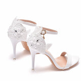 9 Cm Light Mouth With White Sandals Fine Heel Exposed Toe Large-Size Sandals Beaded Flowers Wedding Banquet Shoes HZ0115