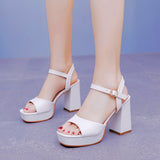 9 Cm Thick Heel Fish Mouth Waterproof Table Sandals Round Head Square Thick Heel Sandals White Bridal Wedding Dress Sandals HZ0115