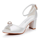 7 Cm Fish Mouth High-Heeled Sandals Shallow Pearl Large-Size Round-Head High Heels Bride Wedding Silk Satin Cloth Coarse Sandals HZ0115