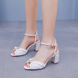 7 Cm Thick Heel Sandals Square Thick Heel Sandals White Wedding Dress Sandals Pearl Wedding Shoes Women HZ0115