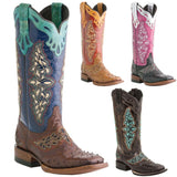 Large Size Women's Boots 2025 Autumn And Winter New Leather Boots Square Head Thick And Colored Pattern Knight Boots 43 HZ0115