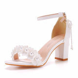 7 Cm Square With Thick Heel Shallow Mouth With Sandals Beaded Essee Flowers Wedding Dress Shooting High Heels Sandals HZ0115