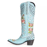 2025 Flowers Blue Coarse And Winter Tip Side Zipper Round Head Female High-Trace Fashion Boots HZ0115