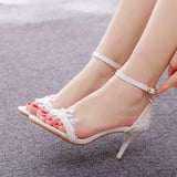 7 Cm Fine Heel Sandals White Buckle Shoes Fine Heel Roman Sandals Lace High Heel Sandals HZ0115