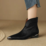 French High-End V-Mouthed Small Ankle Boots 2025 New Autumn And Winter Fashion Plush Metal Head Tip Black Short Boots Woman HZ0115