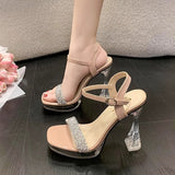 Small Hate Sky High High Heel Sandals French Crystal Waterproof Table Linolee Show New One-Word Buckle Strap Summer Wear HZ0115