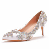 7 Cm Pointed Single Shoes Small Thin Heel Single Shoes Tip Shoes Large Size Women's Shoes Water Drill Wedding Shoes Bridesmaid Shoes HZ0115