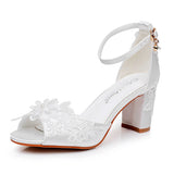 7 Cm Fish Mouth High-Heeled Sandals Shallow Mouth Lace Flower Large Size Sandals Bride Wedding Silk Satin Cloth Coarse Sandals Woman HZ0115