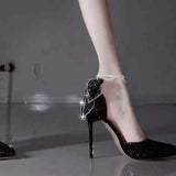 Black High Heels Female Student 18-Year-Old Adult Butterfly Crystal Wedding Shoes 2025 New Evening Dress Fine Heel Single Shoes HZ0115