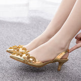5 Cm Large-Size Fine-Heeled Pointed Sandals Behind The Cool Belt High Heels Water Drill High Heels Women's Golden Wedding Shoes HZ0115