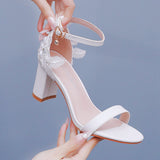 7 Cm Thick Heel Shallow Mouth With Sandals Round Head Fish Mouth Flowers Nails High Heel Sandals White Wedding Shoes HZ0115