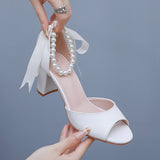 7 Cm Fish Mouth Coarse Sandals Shallow Buckle With Large-Size Beads Drifting Sandals Bride White Coarse Sandals Woman HZ0115