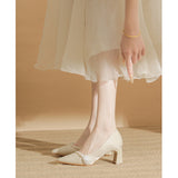 Naipa~French Pearl Coarse Heel High Heels Design A Sense Of Niche Temperament Dentstiness Head Dress Bridesmaid Shoes Light Color HZ0115