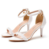 7 Cm Temperament Shallow Word With Fine Heel Sandals Imitation Pearl Wedding Shoes Sexy Fish Mouth Summer Sandals Size Size HZ0115