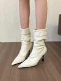 Gentle And Fashionable! Milk White Tip Wrinkles High And Short Boots Women Autumn Piles Of Thin Boots HZ0115