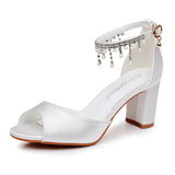 7 Cm Fish Mouth High Heel Sandals Shallow Large-Size Round-Headed Beaded Thaigou High Heels Bridal Wedding Silk Satin Sandals HZ0115