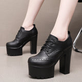 Dark Brown Bullock Women's Shoes With English Carved Small Leather Shoes Thick Heel High Heel Waterproof Table Round Head Deep Mouth Single Shoe HZ0115