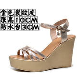 Golden Super High Slope And 12Cm Fashion Cross With Small Size Women's Shoes One-Word Thick-Bottomed Waterproof Toe Women's Sandals HZ0115