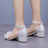 5 Cm Square Heel Sandals Light Mouth A Word With Coarse Heel Sandals White Flowers Color Lactin Ribbon Bridal Wedding Sandals HZ0115
