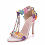 Sandals White Buckle Shoes Fine Heel Fish Mouth Roman Exposed Toe Sandals 11 Cm Beaded High-Heeled Sandals HZ0115