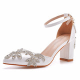 7 Cm Coarse Heel Pointed Shoes Hollow Shoes Square Sandals Water Drill Wedding Shoes Female White Wedding Shoes Diamond HZ0115