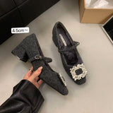 French Plus Plus Gray Mary Jane Hairy Shoes Women's Shoes 2025 Autumn And Winter Temperament High Heel Square Drill Single Shoes HZ0115