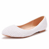 White Flat-Soled Bridesmaids Wedding Shoes To Take Pictures Of Women's Singles Handmade Pearls Pregnant Women's Shoes HZ0115