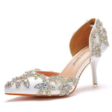 7 Cm Golden Water Diamond Wedding Shoes Fine Heel Pointed Sandals Hollow Two-Siped Sandals Banquet Crystal Wedding HZ0115