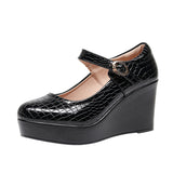 Painted Leather Stone Slope Heel Single Shoe Round Head Light Mouth Work Shoes Thick-Soled Waterproof Table Model Show High Heels Women HZ0115