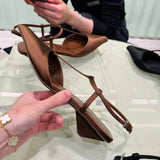 Good Expensive ~ French Triangle Bag Head Cat Heel Sandals Women Coarse 2025 New Summer Ding Noodles In The Tip Single Shoes HZ0115
